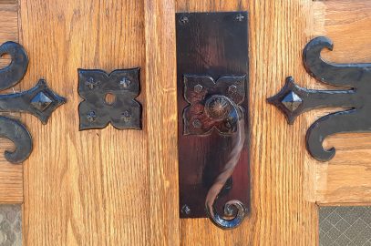 Iron and wood door handle on Buckingham Hall, Clarks Summit University