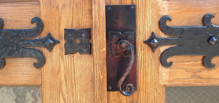 Iron and wood door handle on Buckingham Hall, Clarks Summit University